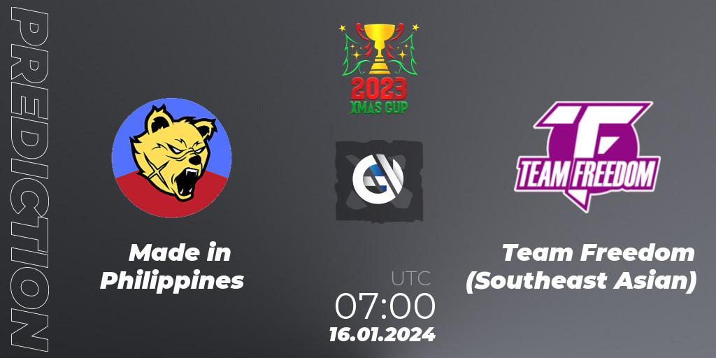 Made in Philippines vs Team Freedom (Southeast Asian): Betting TIp, Match Prediction. 16.01.2024 at 07:15. Dota 2, Xmas Cup 2023