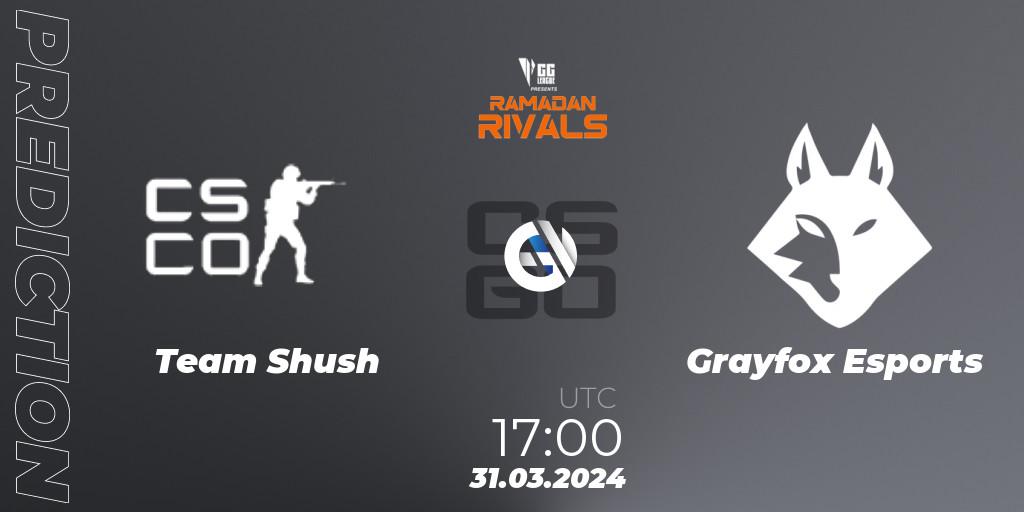 Team Shush vs Grayfox Esports: Betting TIp, Match Prediction. 31.03.2024 at 17:00. Counter-Strike (CS2), GG League Ramadan Rivals 2024: Open Qualifier #3