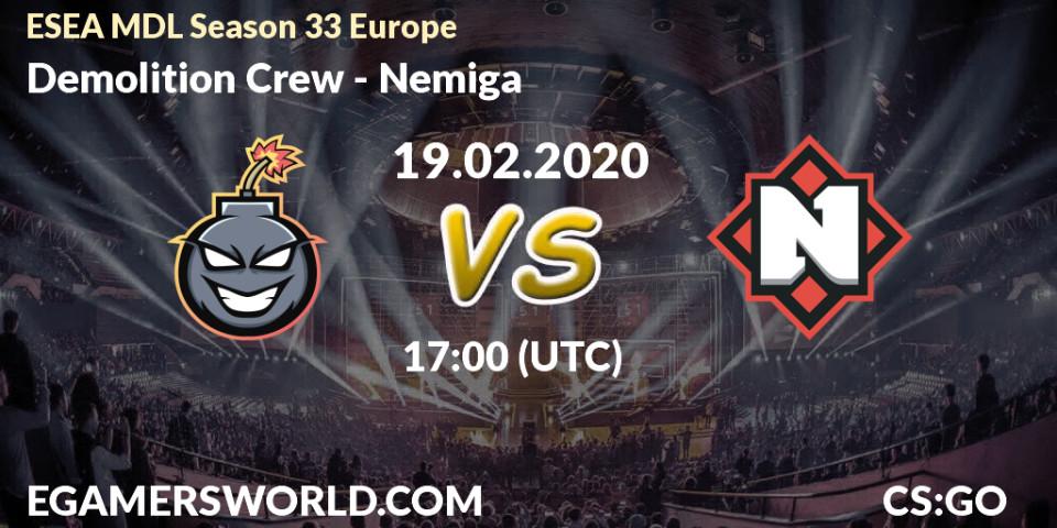 Demolition Crew vs Nemiga: Betting TIp, Match Prediction. 19.02.20. CS2 (CS:GO), ESEA MDL Season 33 Europe