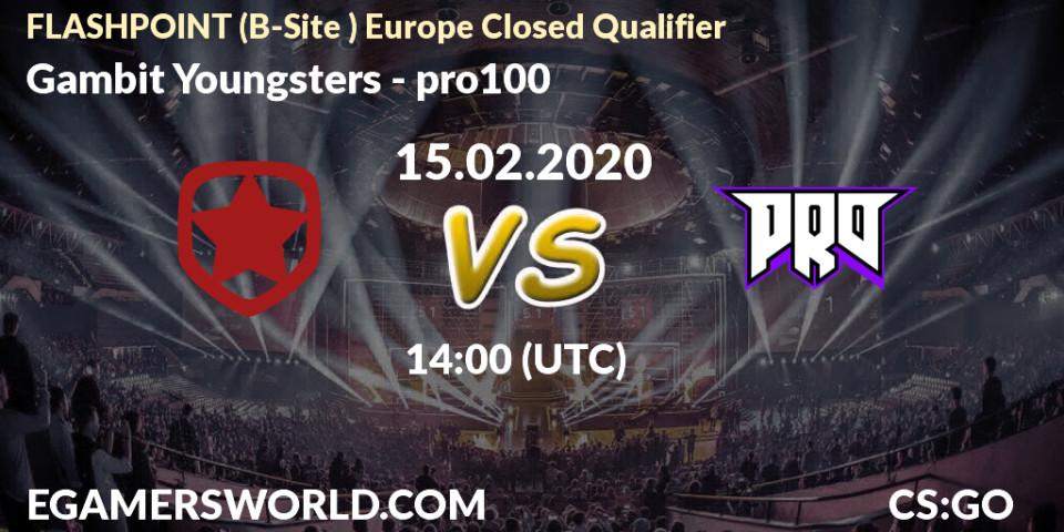 Gambit Youngsters vs pro100: Betting TIp, Match Prediction. 15.02.20. CS2 (CS:GO), FLASHPOINT Europe Closed Qualifier