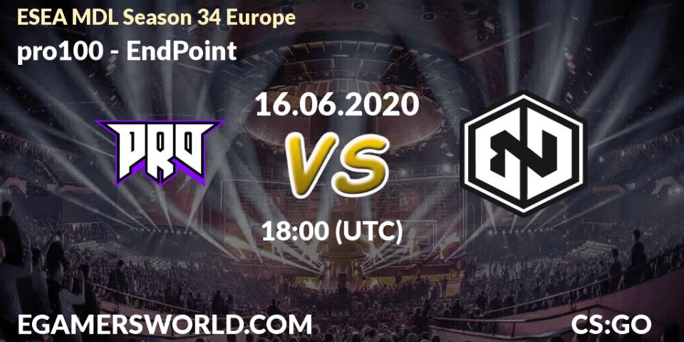 pro100 vs EndPoint: Betting TIp, Match Prediction. 16.06.20. CS2 (CS:GO), ESEA MDL Season 34 Europe