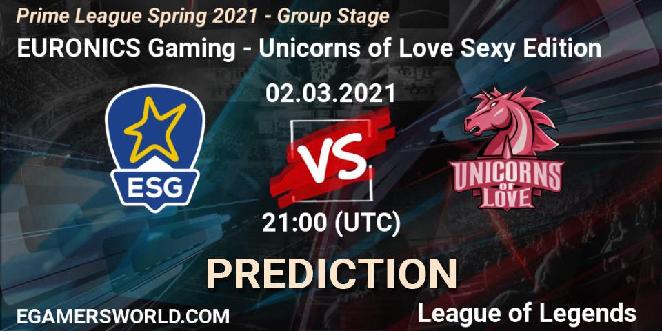 EURONICS Gaming vs Unicorns of Love Sexy Edition: Betting TIp, Match Prediction. 02.03.21. LoL, Prime League Spring 2021 - Group Stage