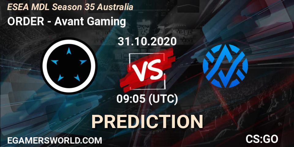 ORDER vs Avant Gaming: Betting TIp, Match Prediction. 31.10.20. CS2 (CS:GO), ESEA MDL Season 35 Australia