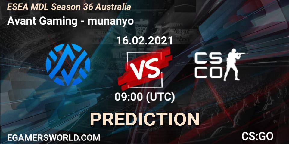 Avant Gaming vs munanyo: Betting TIp, Match Prediction. 16.02.21. CS2 (CS:GO), MDL ESEA Season 36: Australia - Premier Division