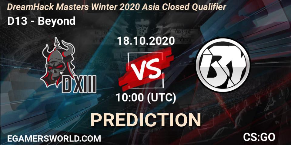 D13 vs Beyond: Betting TIp, Match Prediction. 18.10.20. CS2 (CS:GO), DreamHack Masters Winter 2020 Asia Closed Qualifier