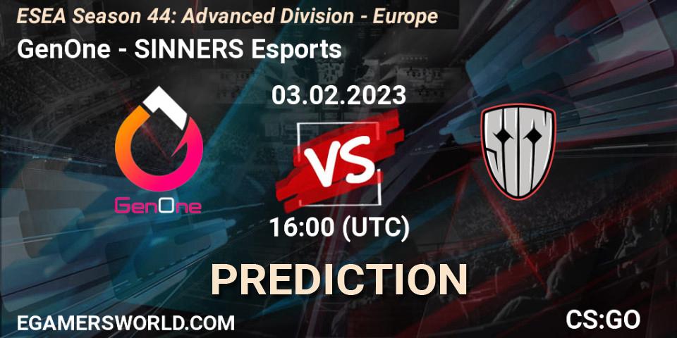 GenOne vs SINNERS Esports: Betting TIp, Match Prediction. 03.02.23. CS2 (CS:GO), ESEA Season 44: Advanced Division - Europe