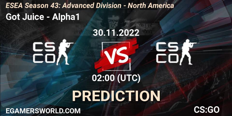 Got Juice vs Alpha1: Betting TIp, Match Prediction. 30.11.22. CS2 (CS:GO), ESEA Season 43: Advanced Division - North America