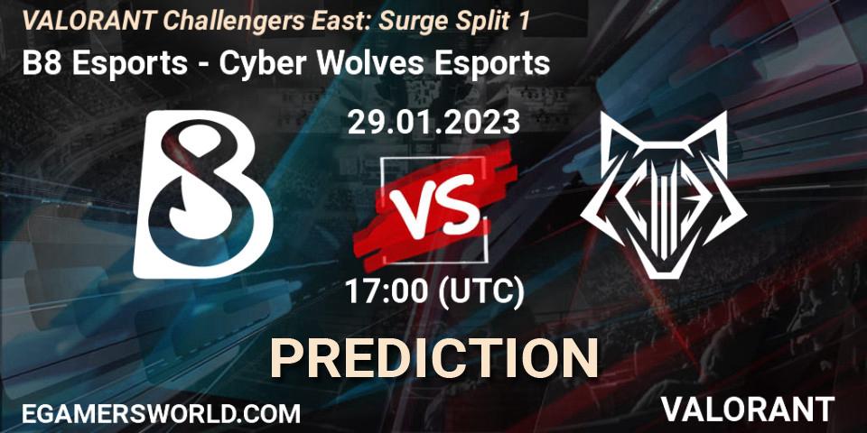 B8 Esports vs Cyber Wolves Esports: Betting TIp, Match Prediction. 29.01.23. VALORANT, VALORANT Challengers 2023 East: Surge Split 1