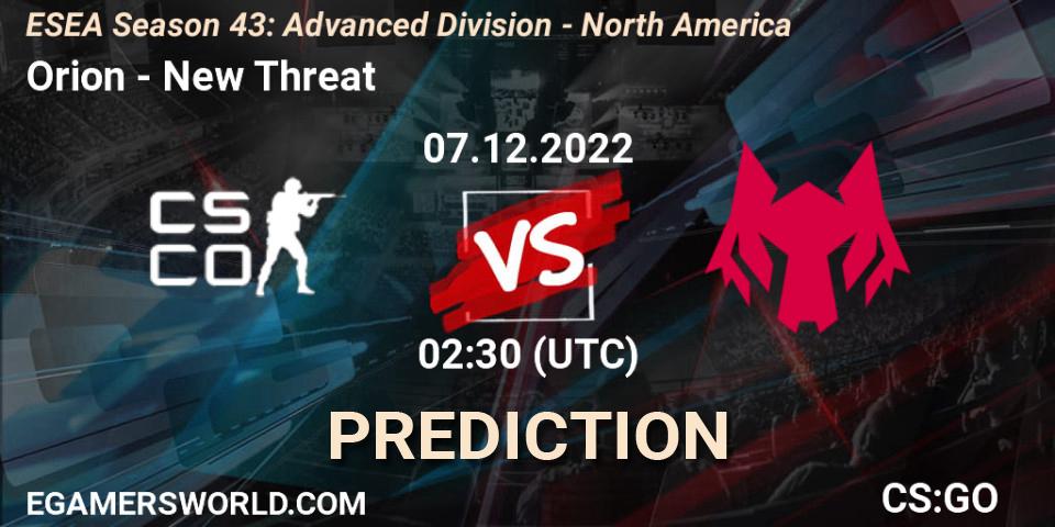 Orion vs New Threat: Betting TIp, Match Prediction. 07.12.22. CS2 (CS:GO), ESEA Season 43: Advanced Division - North America