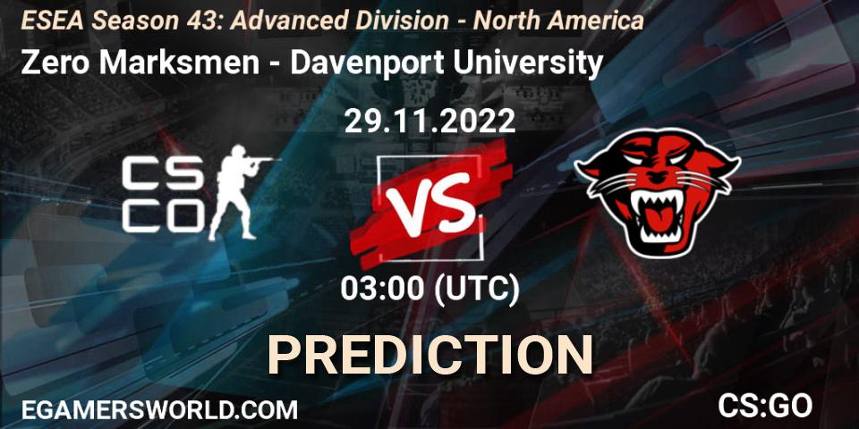 Zero Marksmen vs Davenport University: Betting TIp, Match Prediction. 29.11.22. CS2 (CS:GO), ESEA Season 43: Advanced Division - North America