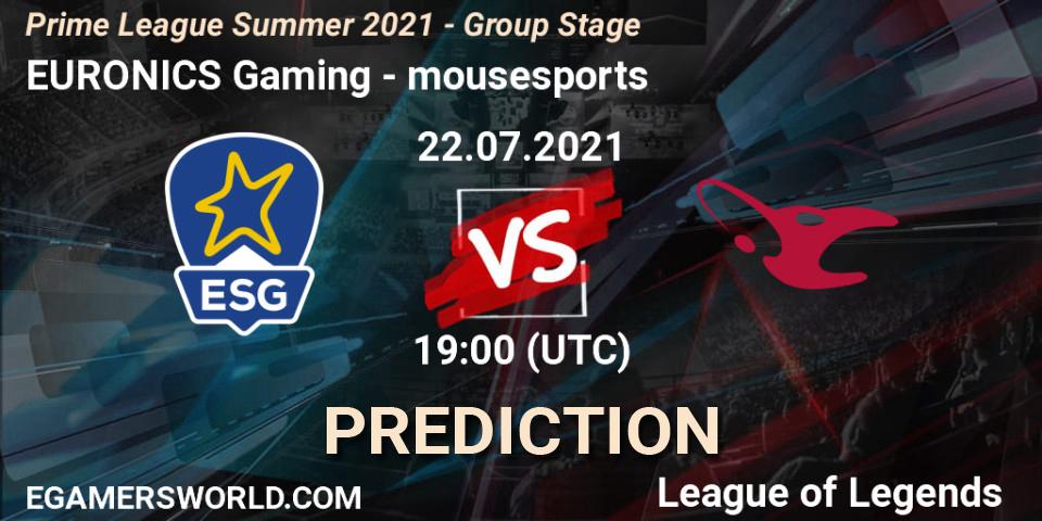 EURONICS Gaming vs mousesports: Betting TIp, Match Prediction. 22.07.21. LoL, Prime League Summer 2021 - Group Stage