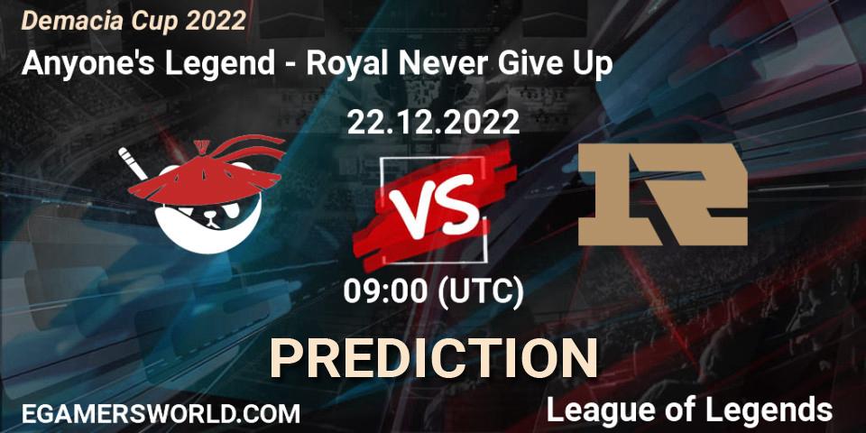 Anyone's Legend vs Royal Never Give Up: Betting TIp, Match Prediction. 22.12.22. LoL, Demacia Cup 2022
