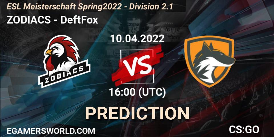 ZODIACS vs DeftFox: Betting TIp, Match Prediction. 10.04.22. CS2 (CS:GO), ESL Meisterschaft Spring 2022 - Division 2.1