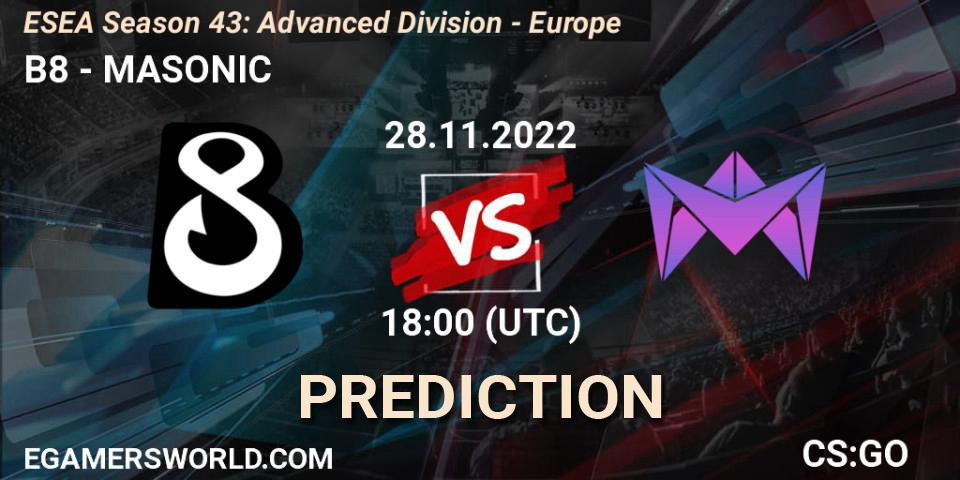 B8 vs MASONIC: Betting TIp, Match Prediction. 28.11.22. CS2 (CS:GO), ESEA Season 43: Advanced Division - Europe