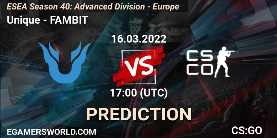 Unique vs FAMBIT: Betting TIp, Match Prediction. 16.03.22. CS2 (CS:GO), ESEA Season 40: Advanced Division - Europe