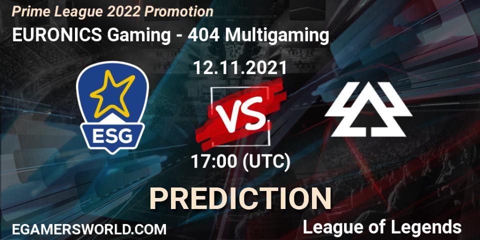 EURONICS Gaming vs 404 Multigaming: Betting TIp, Match Prediction. 12.11.21. LoL, Prime League 2022 Promotion