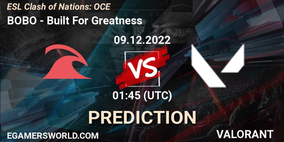 BOBO vs Built For Greatness: Betting TIp, Match Prediction. 09.12.22. VALORANT, ESL Clash of Nations: OCE