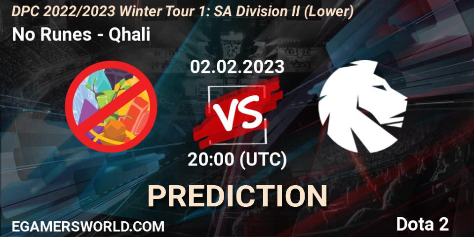 No Runes vs Qhali: Betting TIp, Match Prediction. 02.02.23. Dota 2, DPC 2022/2023 Winter Tour 1: SA Division II (Lower)