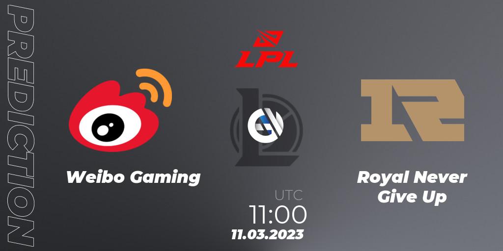 Weibo Gaming vs Royal Never Give Up: Betting TIp, Match Prediction. 11.03.23. LoL, LPL Spring 2023 - Group Stage