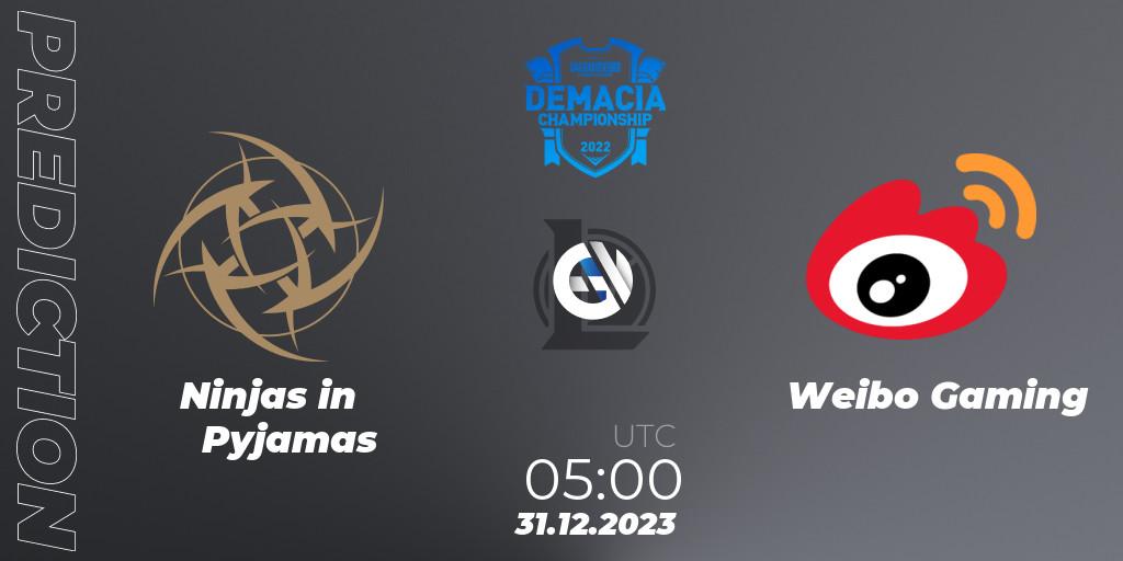 Ninjas in Pyjamas vs Weibo Gaming: Betting TIp, Match Prediction. 31.12.23. LoL, Demacia Cup 2023 Playoffs