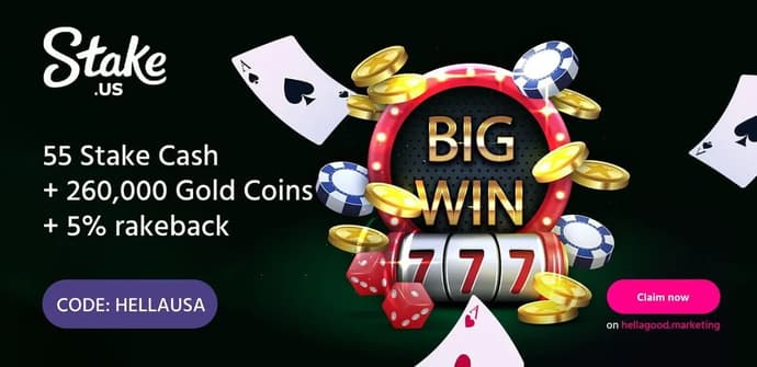 Stake.us Promo Code: Enter “HellaUSA” and Get 55 Stake Cash + 260,000 Gold Coins + 5% rakeback Stake.us Promo Code: Enter “HellaUSA” and Get 55 Stake Cash + 260,000 Gold Coins + 5% rakeback